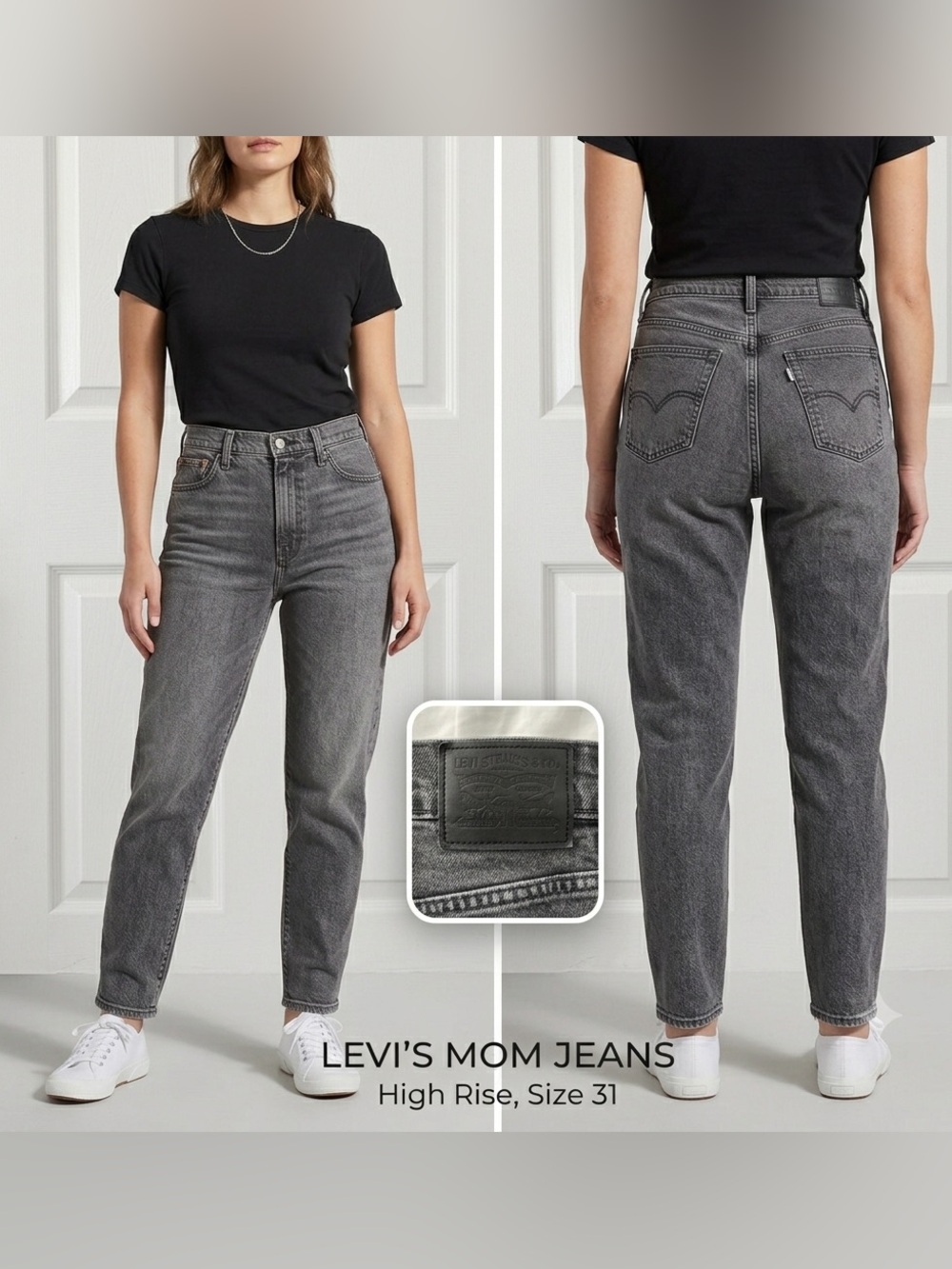 Levi’s Premium High Rise Mom Jeans in Washed Grey Black - Size 31 - Black Patch